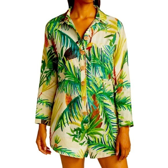 FARM Rio Pants - Farm Rio Toucan Paradise Tropical Long Sleeve Linen Button Down Short Romper